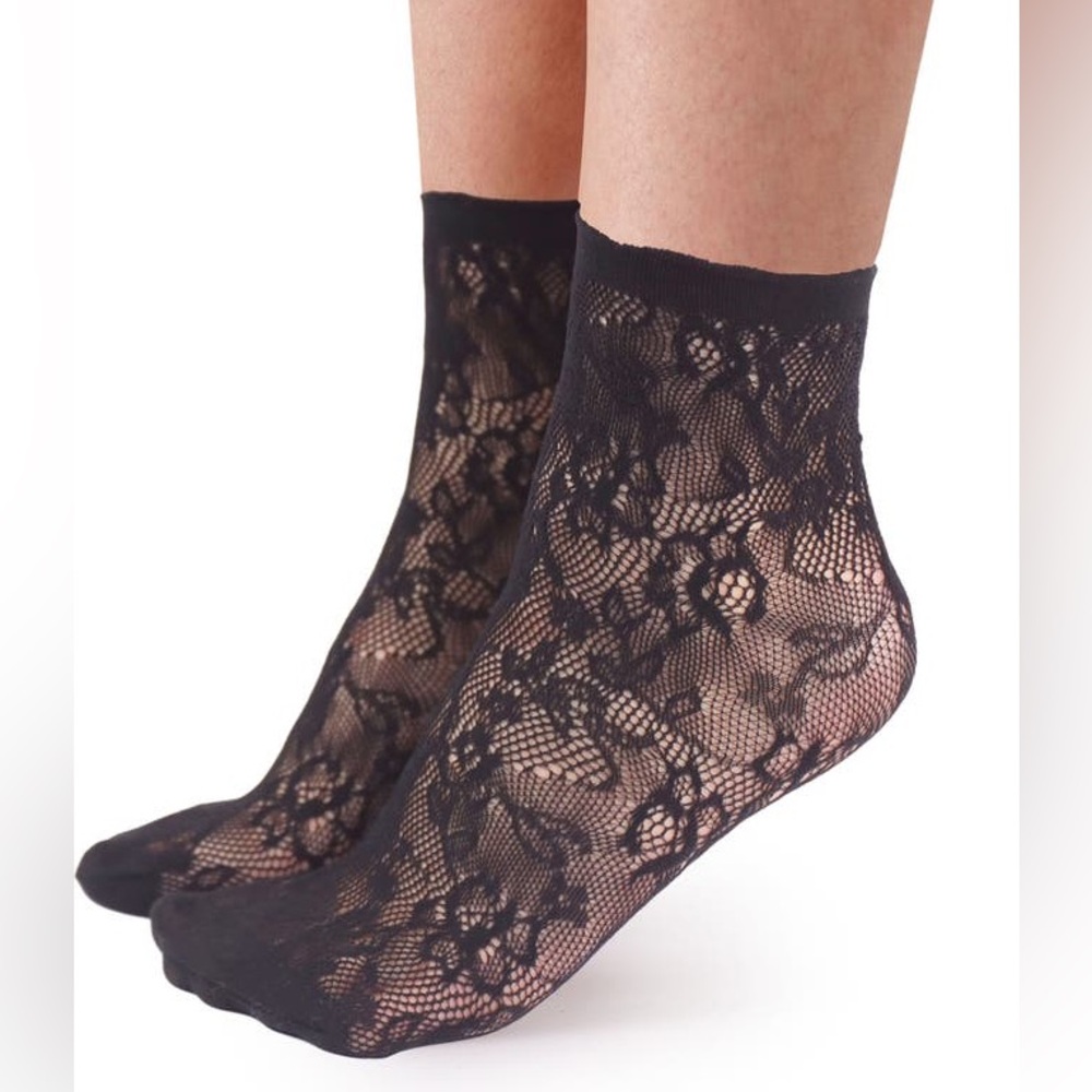 PRETTY POLLY LACE SHEER ANKLE SOCKS BLACK OS NWT